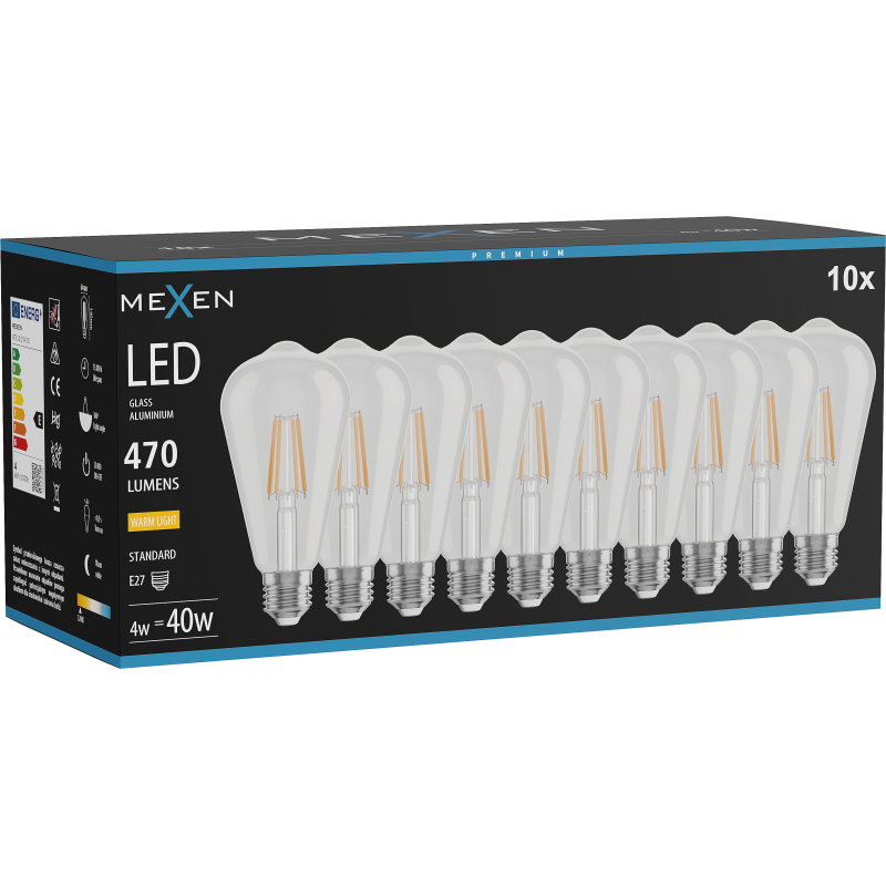 Mexen Vintis 10x Becură filament LED E27, ST64, 4W, Cald - 2700K, 470 lm, clar - L152-E27-0427-00x10