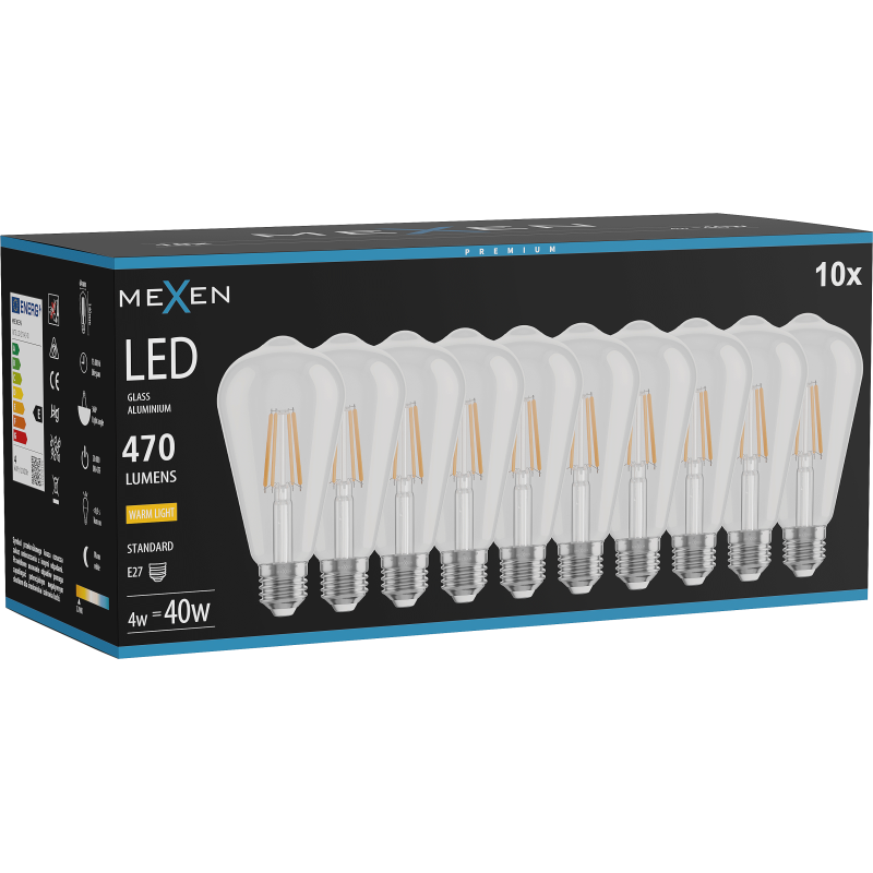 Mexen Vintis 10x LED filament izzó E27, ST64, 4W, Meleg - 2700K, 470 lm, átlátszó - L152-E27-0427-00x10