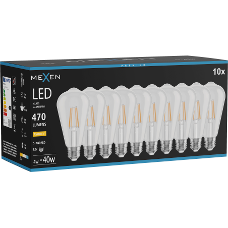 Mexen Vintis 10x LED filament izzó E27, ST64, 4W, Meleg - 2700K, 470 lm, átlátszó - L152-E27-0427-00x10