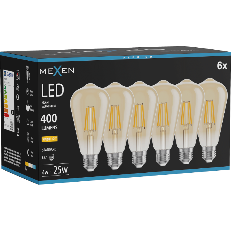 Mexen Vintis 6x Bec LED filament E27, ST64, 4W, Caldă - 2700K, 400 lm, amber - L152-E27-0427-50x06