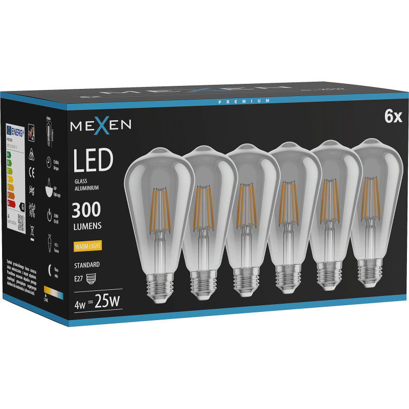 Mexen Vintis 6x LED E27 filament izzó, ST64, 4W, Meleg - 2700K, 300 lm, füstszínű - L152-E27-0427-70x06