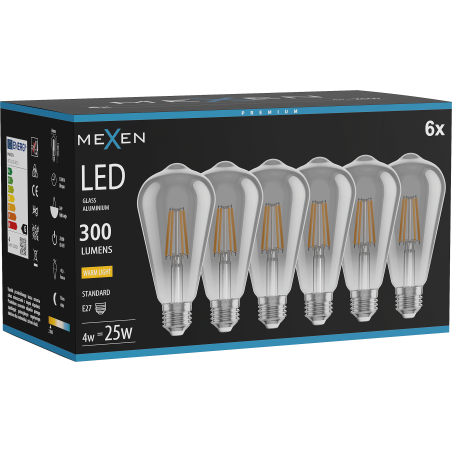 Mexen Vintis 6x LED E27 filament izzó, ST64, 4W, Meleg - 2700K, 300 lm, füstszínű - L152-E27-0427-70x06