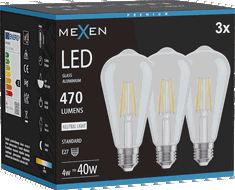 Mexen Vintis 3x Bec LED de filament E27, ST64, 4W, Neutru - 4000K, 470 lm, transparent - L152-E27-0440-00x03