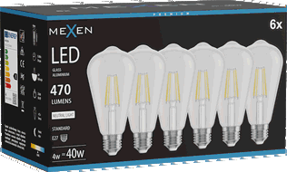 Mexen Vintis 6x Bec cu filament LED E27, ST64, 4W, Neutră - 4000K, 470 lm, transparentă - L152-E27-0440-00x06