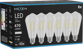 Mexen Vintis 6x LED filament izzó E27, ST64, 4W, Semleges - 4000K, 470 lm, tiszta - L152-E27-0440-00x06
