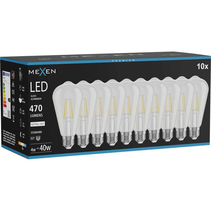 Mexen Vintis 10x Bec LED filament E27, ST64, 4W, Neutru - 4000K, 470 lm, transparent - L152-E27-0440-00x10