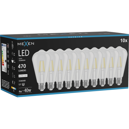 Mexen Vintis 10x Bec LED filament E27, ST64, 4W, Neutru - 4000K, 470 lm, transparent - L152-E27-0440-00x10
