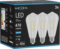 Mexen Vintis 3x LED filament izzó E27, ST64, 4W, Hideg - 6500K, 470 lm, átlátszó - L152-E27-0465-00x03