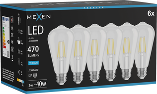 Mexen Vintis 6x Filament LED izzó E27, ST64, 4W, Hideg - 6500K, 470 lm, átlátszó - L152-E27-0465-00x06