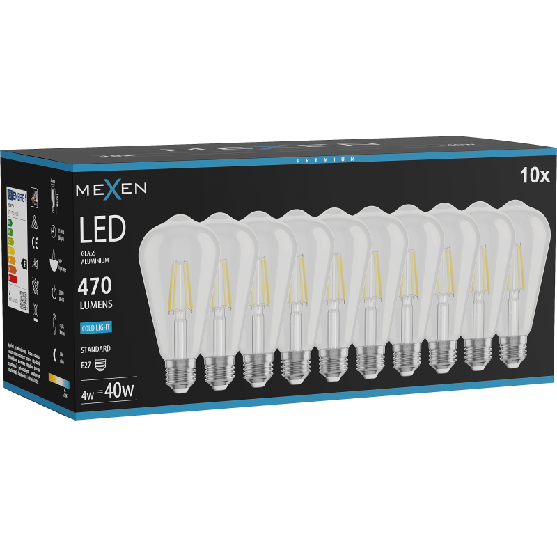 Mexen Vintis 10x LED filament izzó E27, ST64, 4W, Hideg - 6500K, 470 lm, átlátszó - L152-E27-0465-00x10