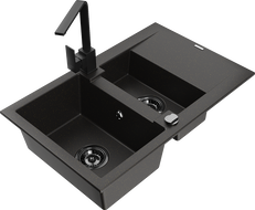 Mexen Gaspar chiuvetă de granit 1,5 compartimente cu scurgător și baterie de bucătărie Rita, negru/auriu