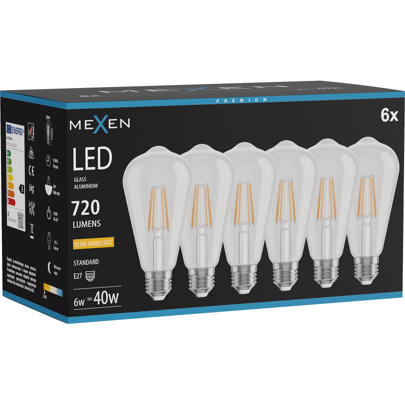 Mexen Vintis 6x Bec LED filament E27, ST64, 6W, Cald - 2200K, 720 lm, transparent - L152-E27-0622-00x06