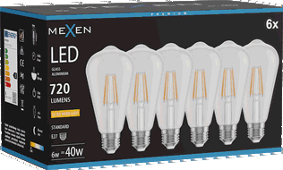 Mexen Vintis 6x Bec LED filament E27, ST64, 6W, Cald - 2200K, 720 lm, transparent - L152-E27-0622-00x06