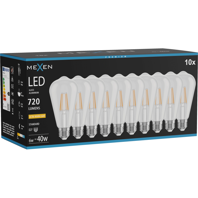 Mexen Vintis 10x Bec LED filament E27, ST64, 6W, Calda - 2200K, 720 lm, clar - L152-E27-0622-00x10