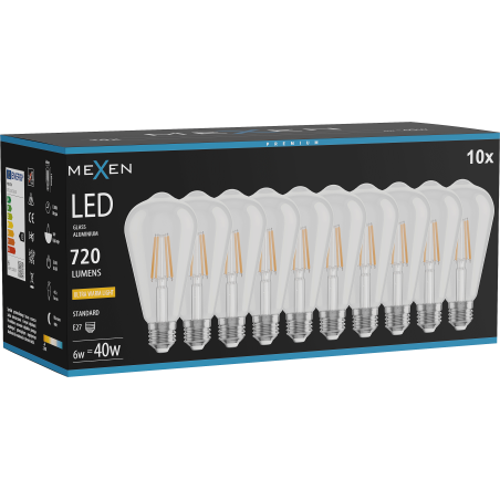 Mexen Vintis 10x Bec LED filament E27, ST64, 6W, Calda - 2200K, 720 lm, clar - L152-E27-0622-00x10