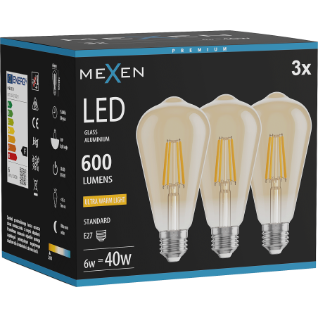 Mexen Vintis 3x LED filament izzó E27, ST64, 6W, Meleg - 2200K, 600 lm, borostyán - L152-E27-0622-50x03
