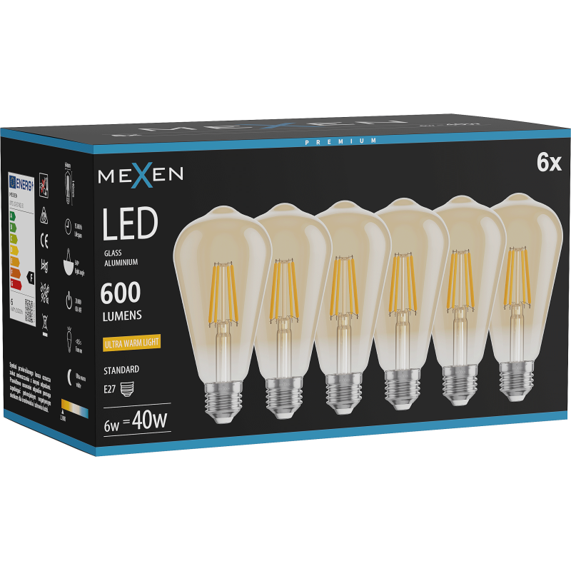 Mexen Vintis 6x Bec cu filament LED E27, ST64, 6W, Caldă - 2200K, 600 lm, chihlimbar - L152-E27-0622-50x06