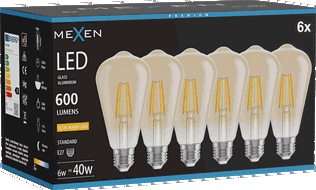 Mexen Vintis 6x Bec cu filament LED E27, ST64, 6W, Caldă - 2200K, 600 lm, chihlimbar - L152-E27-0622-50x06