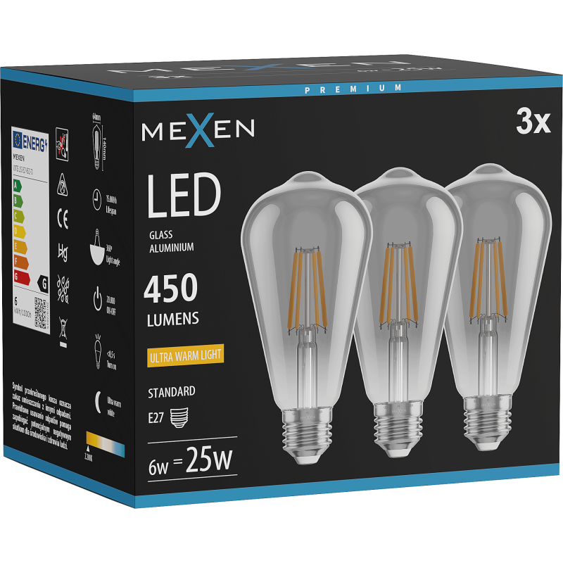 Mexen Vintis 3x Bec rudă filament LED E27, ST64, 6W, Cald - 2200K, 450 lm, fum - L152-E27-0622-70x03