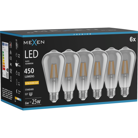 Mexen Vintis 6x Bec LED cu filament E27, ST64, 6W, Caldă - 2200K, 450 lm, fumuriu - L152-E27-0622-70x06