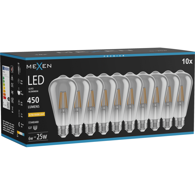 Mexen Vintis 10x Bec LED cu filament E27, ST64, 6W, Caldă - 2200K, 450 lm, fumuriu - L152-E27-0622-70x10