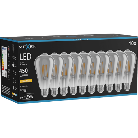 Mexen Vintis 10x LED filament izzó E27, ST64, 6W, Meleg - 2200K, 450 lm, füst - L152-E27-0622-70x10