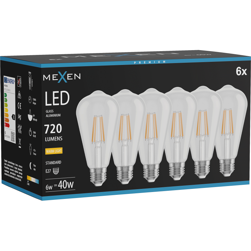 Mexen Vintis 6x Bec filament LED E27, ST64, 6W, Cald - 2700K, 720 lm, clar - L152-E27-0627-00x06