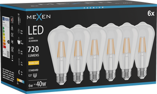 Mexen Vintis 6x filament LED izzó E27, ST64, 6W, Meleg - 2700K, 720 lm, átlátszó - L152-E27-0627-00x06