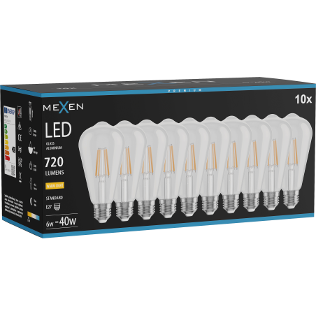 Mexen Vintis 10x LED filament izzó E27, ST64, 6W, Meleg - 2700K, 720 lm, átlátszó - L152-E27-0627-00x10