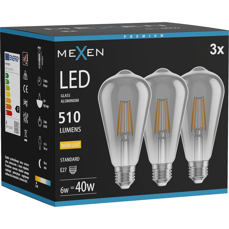 Mexen Vintis 3x LED E27-es filament izzó, ST64, 6W, Meleg - 2700K, 510 lm, füstszínű - L152-E27-0627-70x03