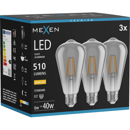Mexen Vintis 3x LED E27-es filament izzó, ST64, 6W, Meleg - 2700K, 510 lm, füstszínű - L152-E27-0627-70x03