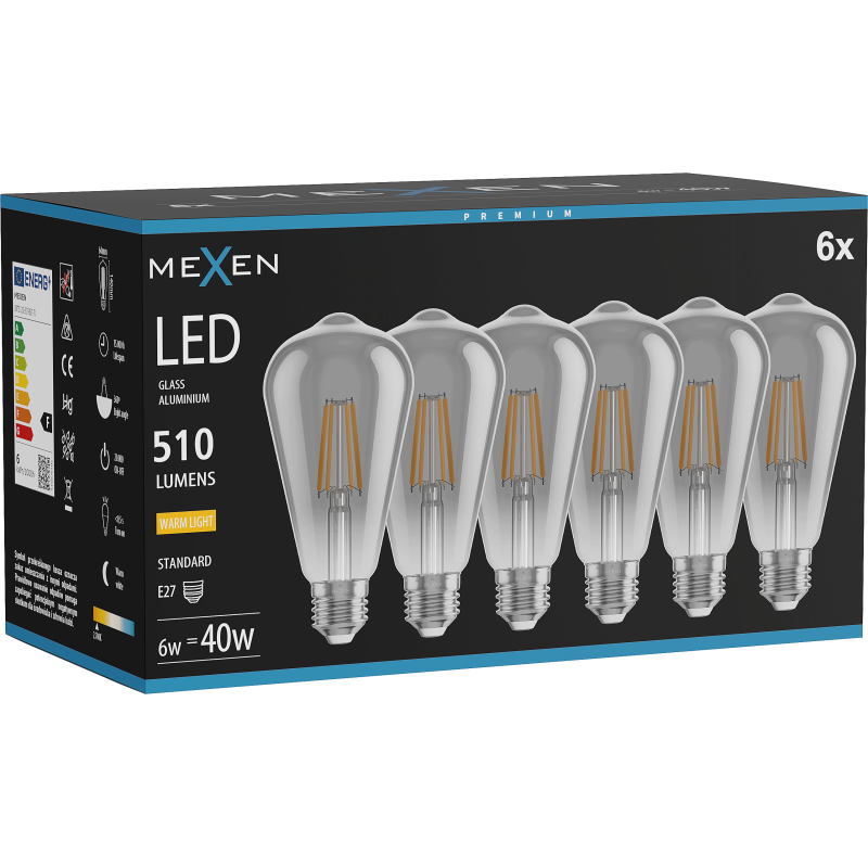 Mexen Vintis 6x LED filament izzó E27, ST64, 6W, Meleg - 2700K, 510 lm, füstszínű - L152-E27-0627-70x06