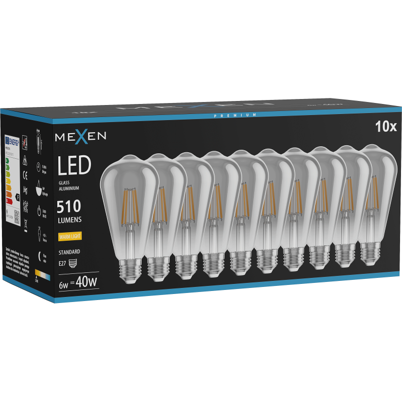 Mexen Vintis 10x Bec LED filament E27, ST64, 6W, Cald - 2700K, 510 lm, fumuriu - L152-E27-0627-70x10