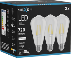 Mexen Vintis 3x LED filament izzó E27, ST64, 6W, Semleges - 4000K, 720 lm, átlátszó - L152-E27-0640-00x03