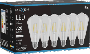 Mexen Vintis 6x Bec filament LED E27, ST64, 6W, Neutru - 4000K, 720 lm, clear - L152-E27-0640-00x06
