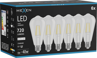 Mexen Vintis 6x LED filament lámpa E27, ST64, 6W, Neutrális - 4000K, 720 lm, átlátszó - L152-E27-0640-00x06