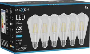 Mexen Vintis 6x LED filament izzó E27, ST64, 6W, Hideg - 6500K, 720 lm, átlátszó - L152-E27-0665-00x06