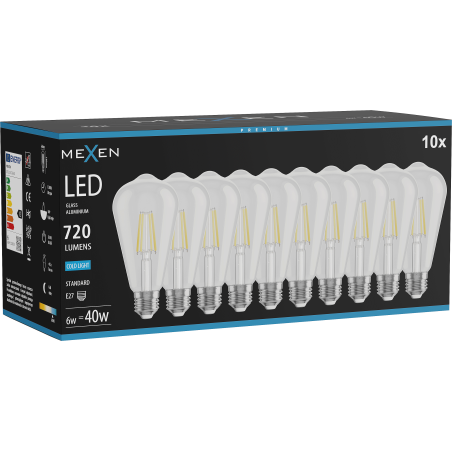 Mexen Vintis 10x LED szálas izzó E27, ST64, 6W, Hideg - 6500K, 720 lm, átlátszó - L152-E27-0665-00x10
