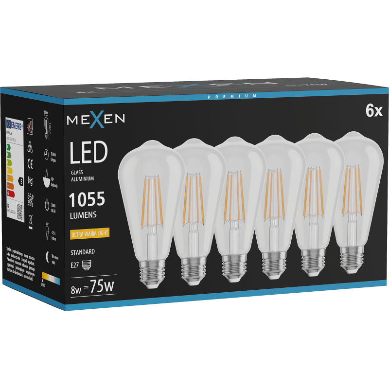 Mexen Vintis 6x Bec filament LED E27, ST64, 8W, Caldă - 2200K, 1055 lm, transparent - L152-E27-0822-00x06
