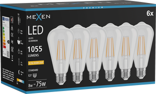 Mexen Vintis 6x LED filament izzó E27, ST64, 8W, Meleg - 2200K, 1055 lm, átlátszó - L152-E27-0822-00x06