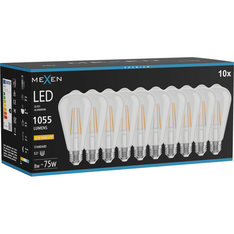 Mexen Vintis 10x LED filament izzó E27, ST64, 8W, Meleg - 2200K, 1055 lm, átlátszó - L152-E27-0822-00x10
