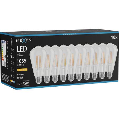 Mexen Vintis 10x LED filament izzó E27, ST64, 8W, Meleg - 2200K, 1055 lm, átlátszó - L152-E27-0822-00x10
