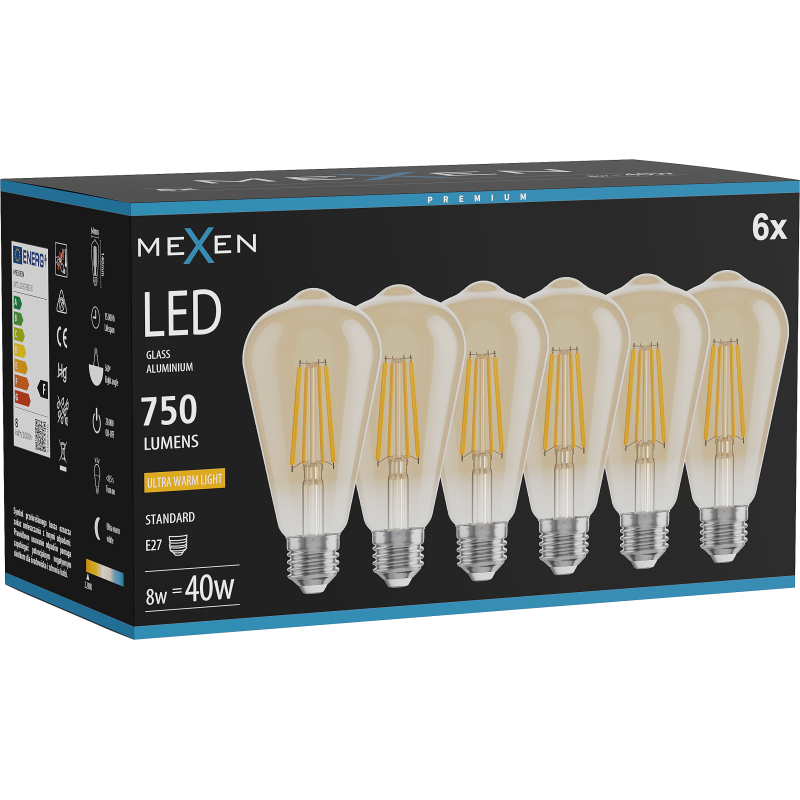 Mexen Vintis 6x LED filament izzó E27, ST64, 8W, Meleg - 2200K, 750 lm, borostyán - L152-E27-0822-50x06