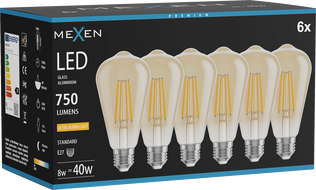 Mexen Vintis 6x LED filament izzó E27, ST64, 8W, Meleg - 2200K, 750 lm, borostyán - L152-E27-0822-50x06