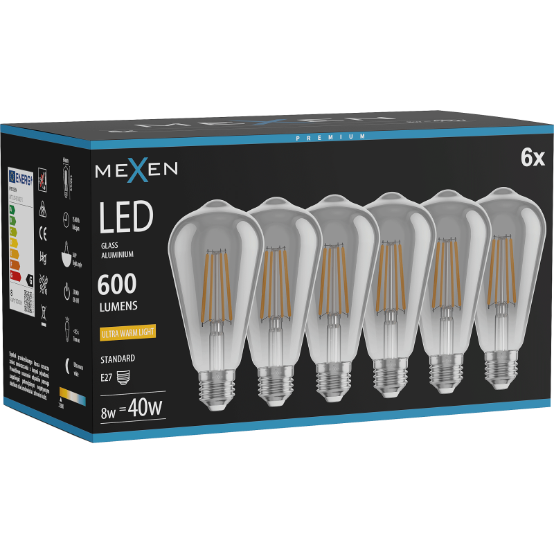 Mexen Vintis 6x Bec LED filament E27, ST64, 8W, Caldă - 2200K, 600 lm, fumuriu - L152-E27-0822-70x06