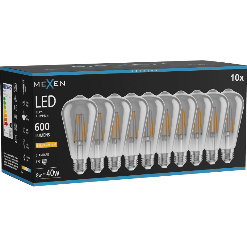 Mexen Vintis 10x LED filament izzó E27, ST64, 8W, Meleg - 2200K, 600 lm, füstszínű - L152-E27-0822-70x10