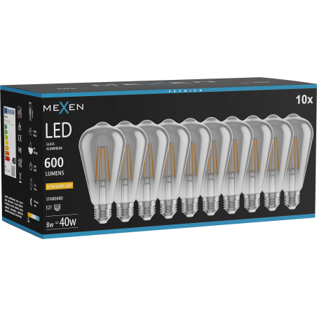 Mexen Vintis 10x LED filament izzó E27, ST64, 8W, Meleg - 2200K, 600 lm, füstszínű - L152-E27-0822-70x10