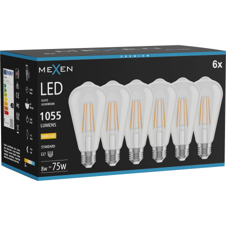Mexen Vintis 6x LED filament izzó E27, ST64, 8W, Meleg - 2700K, 1055 lm, átlátszó - L152-E27-0827-00x06