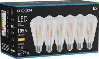 Mexen Vintis 6x LED filament izzó E27, ST64, 8W, Meleg - 2700K, 1055 lm, átlátszó - L152-E27-0827-00x06