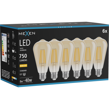 Mexen Vintis 6x LED filament izzó E27, ST64, 8W, Meleg - 2700K, 750 lm, borostyán - L152-E27-0827-50x06